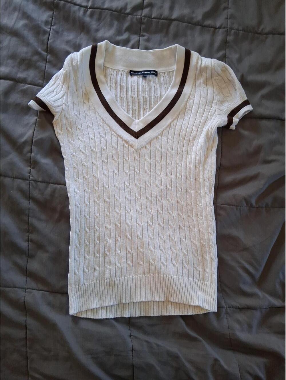 Ralph Lauren Cream Cable Knit V-Neck Sweater with Brown Trim